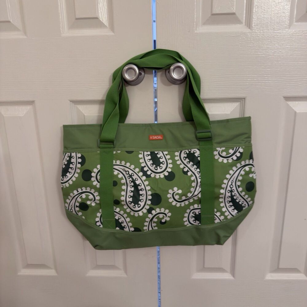 New Large Sachi Green Paisley Insulated Bag Dbl Handles Fold And Snap 22x10x8